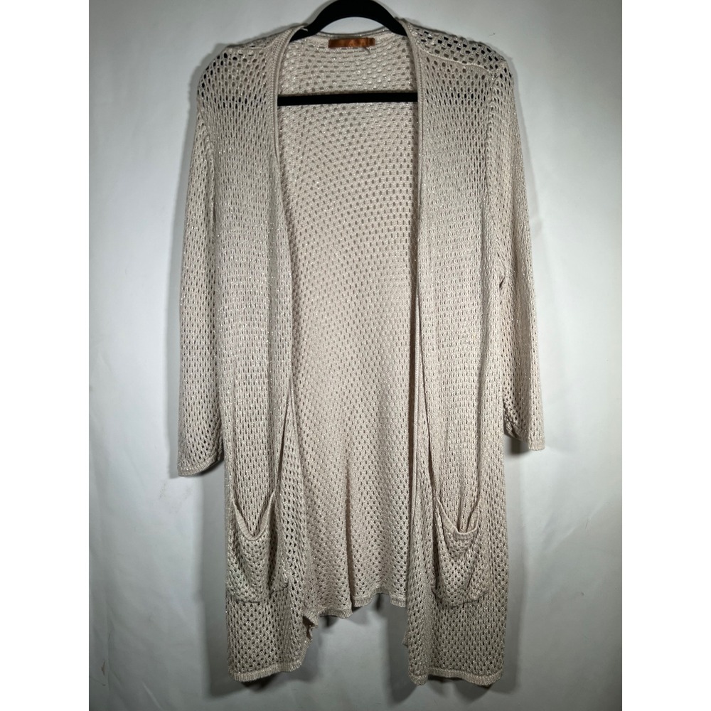 Cecico Womens 2X Champagne Metallic Lurex Open Knit Crochet Cardigan Sweater